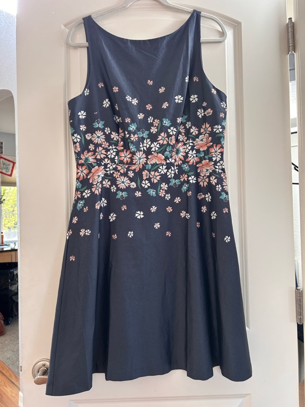 NWT Loft Outlet Blue Floral Sunshine Fit and Flare Boatneck Lined Dress. Midi. - Picture 2 of 7